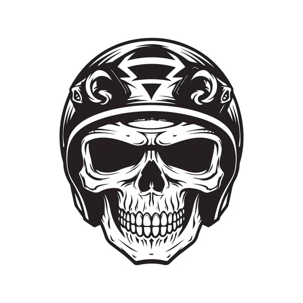 头盖骨自行车手头戴头盔 老式标志线条艺术概念黑白色彩 手绘插图 — 图库矢量图片