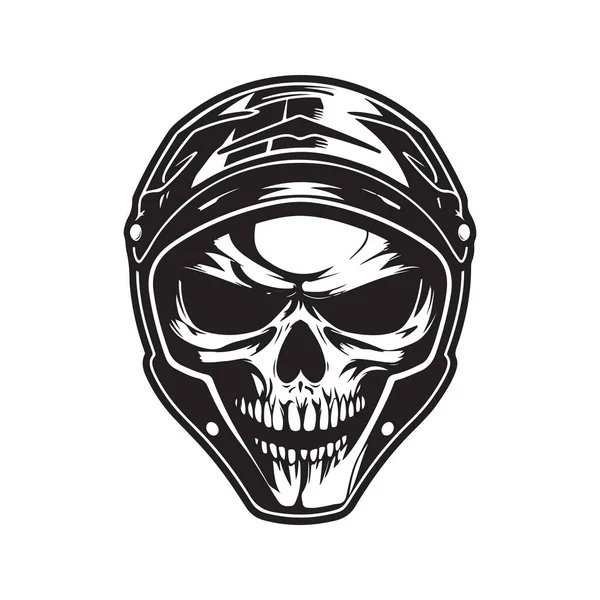 Totenkopf Biker Mit Helm Vintage Logo Linie Kunstkonzept Schwarz Weiß — Stockvektor