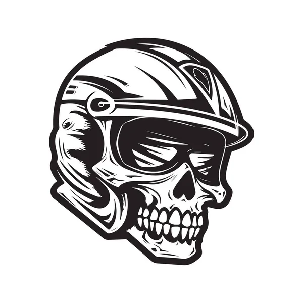 ヘルメットを身に着けている頭蓋骨バイカー ヴィンテージロゴラインアートコンセプト黒と白の色 手描きイラスト — ストックベクタ