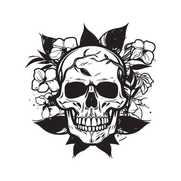 頭骨頭花 ヴィンテージロゴラインアートコンセプト黒と白の色 手描きイラスト — ストックベクタ