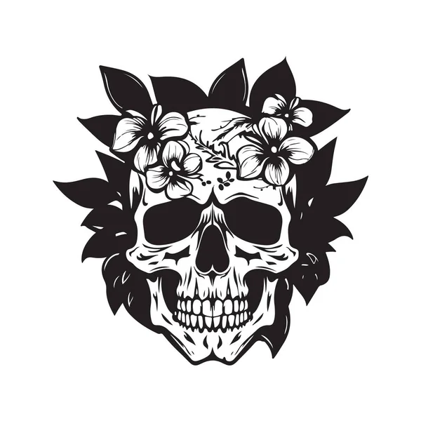 Cabeça Crânio Com Floral Logotipo Vintage Linha Arte Conceito Preto — Vetor de Stock