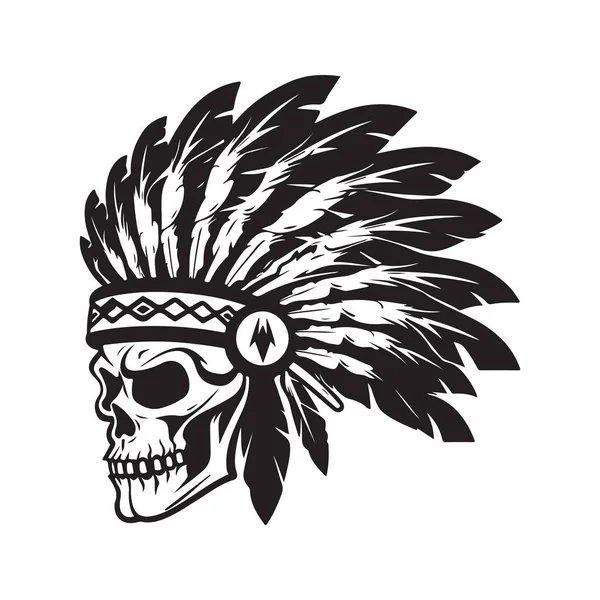 Skull Head Indian Vintage Logo Line Art Concept Black White — Stock Vector