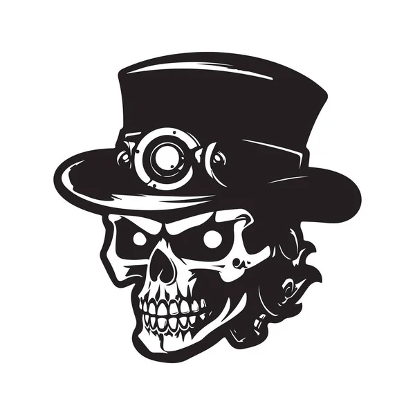 Κρανίο Φορώντας Steampunk Καπέλο Vintage Λογότυπο Γραμμή Τέχνης Έννοια Μαύρο — Διανυσματικό Αρχείο