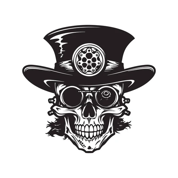 スチームパンクな帽子を身に着けている頭蓋骨 ヴィンテージロゴラインアートコンセプト黒と白の色 手描きイラスト — ストックベクタ