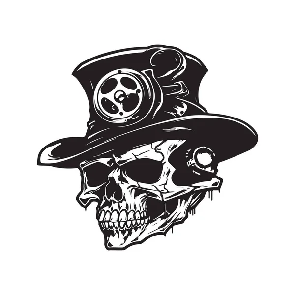 Cráneo Con Sombrero Steampunk Vintage Logotipo Línea Arte Concepto Negro — Vector de stock