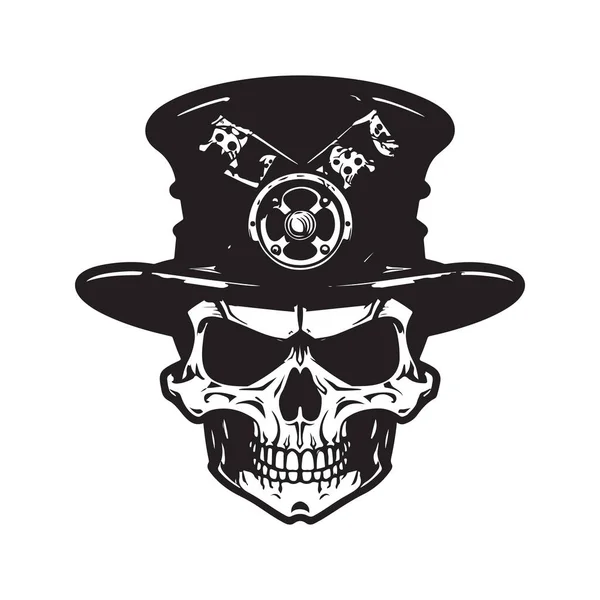 Skull Wearing Steampunk Hat Vintage Logo Line Art Concept Black — Stock Vector