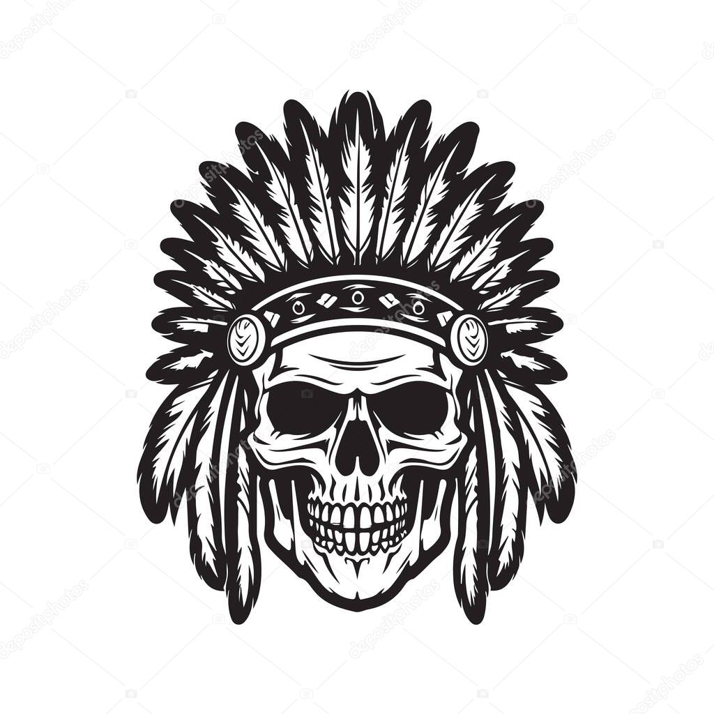 Skull head indian, vintage logo line art concept black and white color, hand drawn illustration