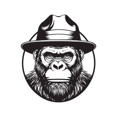 Goril şapkası, klasik logo çizgisi sanat konsepti siyah beyaz, el çizimi illüstrasyon