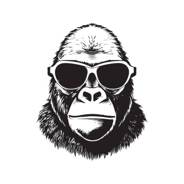 Güneş gözlüğü takan goril, klasik logo çizgisi sanat konsepti siyah beyaz, el çizimi illüstrasyon