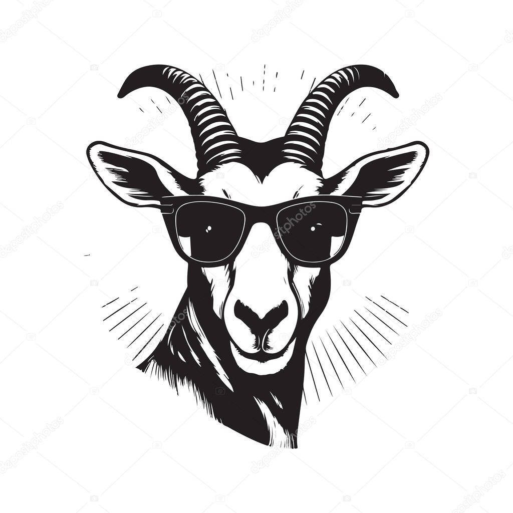 Springbok wearing sunglasses, vintage logo line art concept black and white color, hand drawn illustration