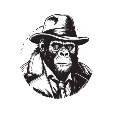 orangutan dedektif, klasik logo çizgisi sanat konsepti siyah beyaz, el çizimi illüstrasyon