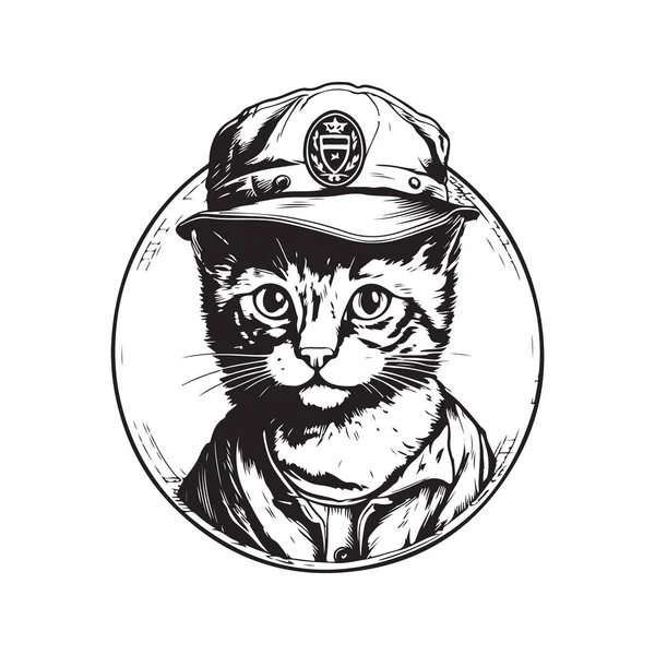 Katze Mit Pfadfinderhut Vintage Logo Linie Kunstkonzept Schwarz Weiße Farbe — Stockvektor