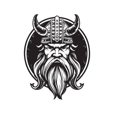 karakter viking, klasik logo çizgisi sanat konsepti siyah beyaz renk, el çizimi illüstrasyon