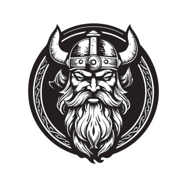 karakter viking, klasik logo çizgisi sanat konsepti siyah beyaz renk, el çizimi illüstrasyon