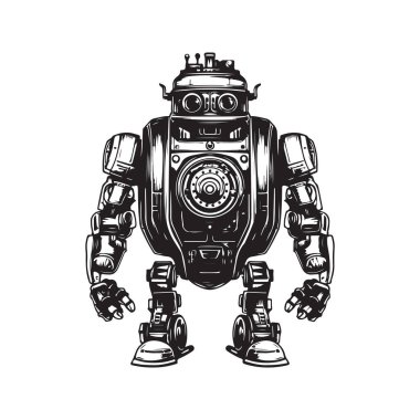 Bilim kurgu robotu, klasik logo çizgisi sanat konsepti siyah-beyaz renk, el yapımı illüstrasyon