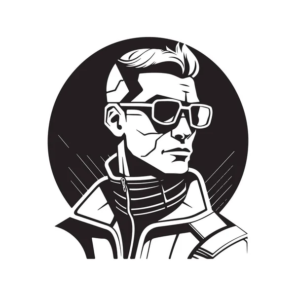 Person Mit Futuristischer Brille Vintage Logo Linie Kunstkonzept Schwarz Weiße — Stockvektor