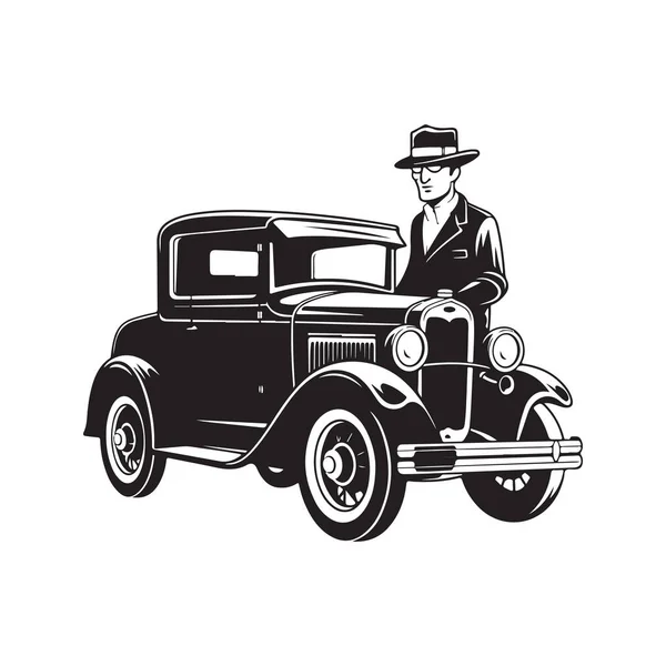 Person Mit Fahrzeug Vintage Logo Linie Kunstkonzept Schwarz Weiß Handgezeichnete — Stockvektor
