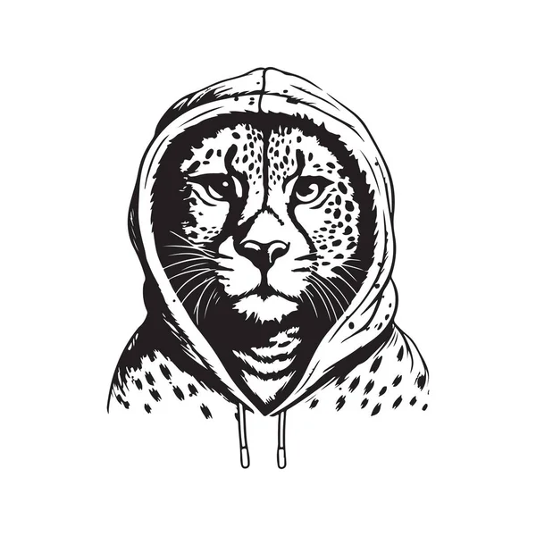 Cheetah Wearing Hoodie Vintage Logo Line Art Concept Black White — Stock Vector