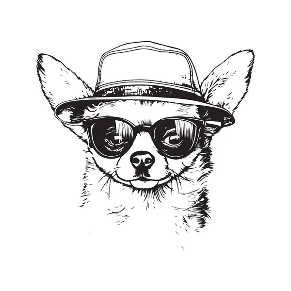 Chihuahua Avec Chapeau Lunettes Paille Concept Art Ligne Logo Vintage — Image vectorielle