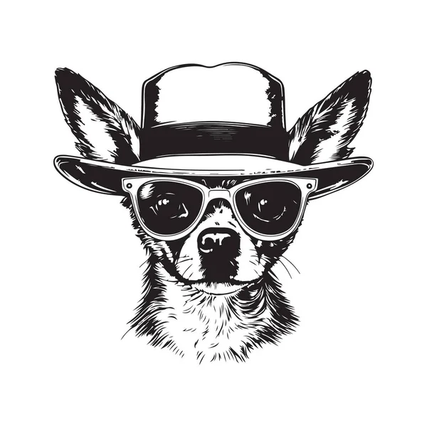 藁帽子とメガネを持つChihuahua ヴィンテージロゴラインアートコンセプト黒と白の色 手描きイラスト — ストックベクタ