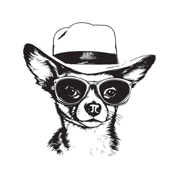 Hasır Şapkalı Gözlüklü Chihuahua Klasik Logo Çizgisi Sanat Konsepti Siyah — Stok Vektör