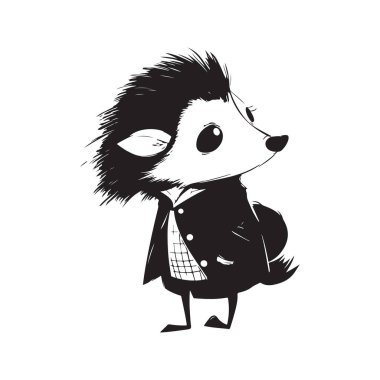 Kirpi çizgi filmi, klasik logo çizgisi sanat konsepti siyah beyaz renk, el çizimi illüstrasyon