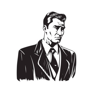 Zayıf iradeli iş adamı, klasik logo çizgisi sanat konsepti siyah beyaz renk, el çizimi illüstrasyon