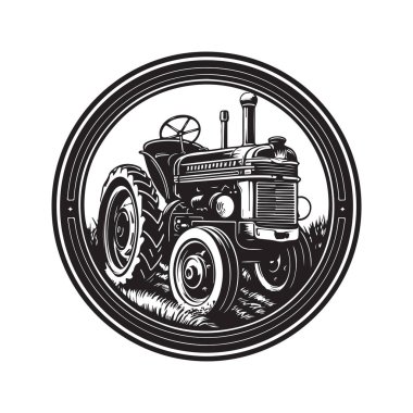 Traktör, klasik logo çizgisi sanat konsepti siyah-beyaz renk, el çizimi illüstrasyon