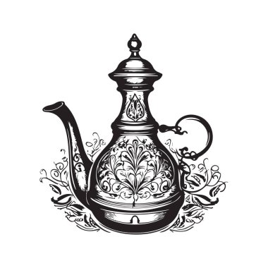 Türkçe cezve, klasik logo çizgisi sanat konsepti siyah-beyaz renk, el çizimi illüstrasyon