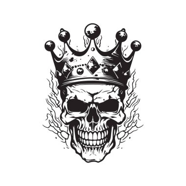 Ölümsüz kral, klasik logo çizgisi sanat konsepti siyah beyaz renk, el çizimi illüstrasyon