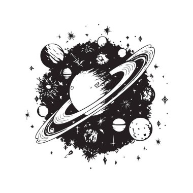 evren, klasik logo çizgisi sanat konsepti siyah ve beyaz renk, el çizimi illüstrasyon