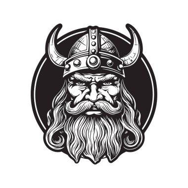 Viking çizgi filmi, klasik logo çizgisi sanat konsepti siyah beyaz renk, el çizimi illüstrasyon