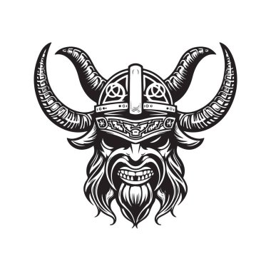 Viking canavarı, klasik logo çizgisi sanat konsepti siyah beyaz renk, el çizimi illüstrasyon