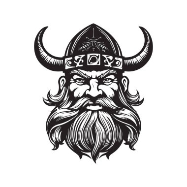 Viking çizgi filmi, klasik logo çizgisi sanat konsepti siyah beyaz renk, el çizimi illüstrasyon