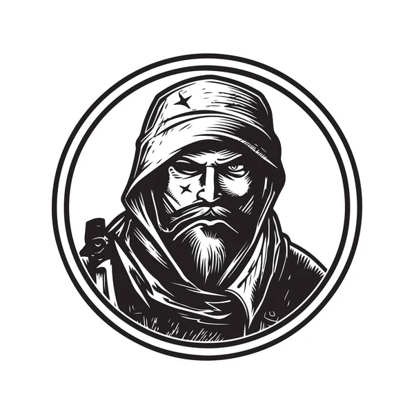 傭兵ヴィンテージロゴラインアートコンセプト黒と白手描きイラスト — ストックベクタ