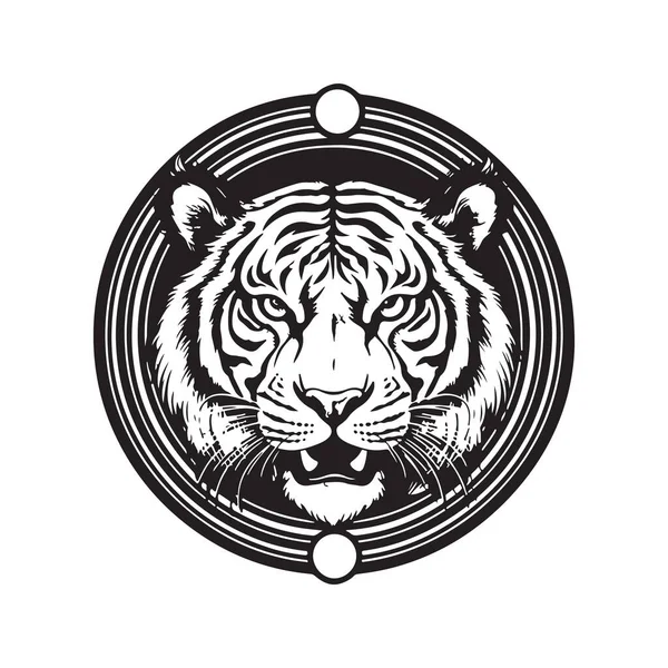Tygr Vintage Logo Linie Umění Koncept Černá Bílá Barva Ručně — Stockový vektor