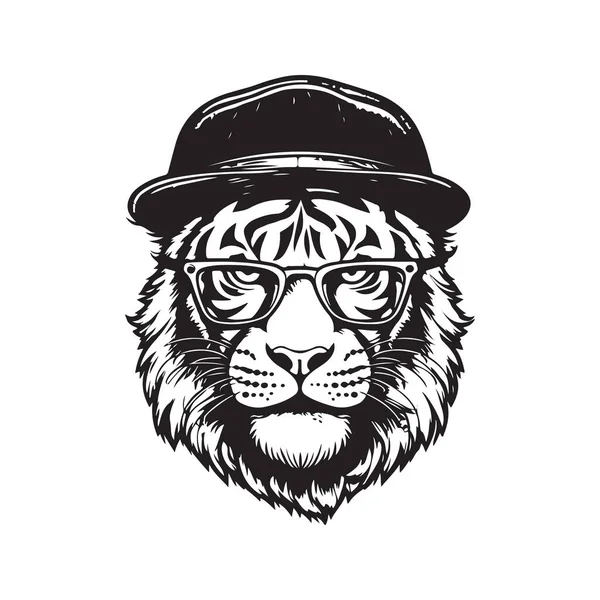 Tigre Usando Óculos Boné Logotipo Vintage Linha Arte Conceito Preto — Vetor de Stock