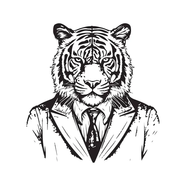 Тигр Костюме Винтажный Логотип Линия Художественная Концепция Черно Белый Цвет — стоковый вектор