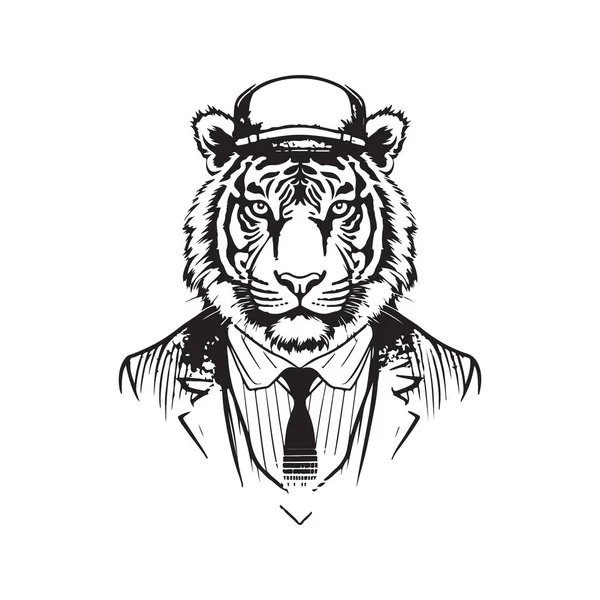 Тигр Костюме Винтажный Логотип Линия Художественная Концепция Черно Белый Цвет — стоковый вектор