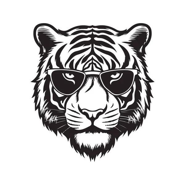 Tiger Head Wearing Sunglasses Vintage Logo Line Art Concept Black — Stock Vector