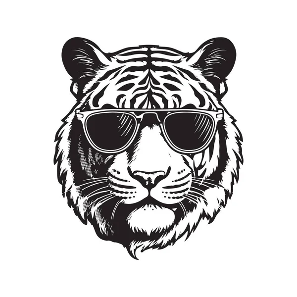 Tigerhuvud Bär Solglasögon Vintage Logotyp Linje Konst Koncept Svart Och — Stock vektor