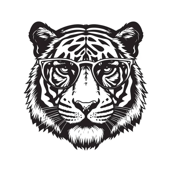 Tigerhuvud Bär Solglasögon Vintage Logotyp Linje Konst Koncept Svart Och — Stock vektor