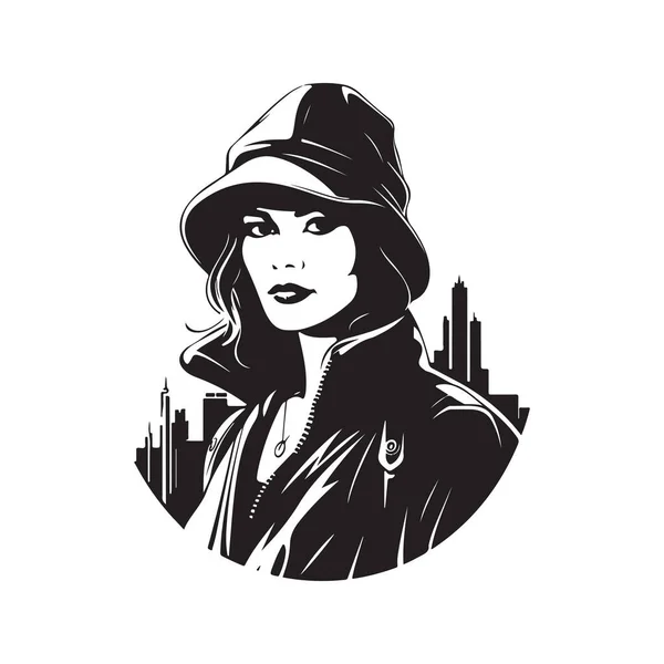 Femme Urbaine Vintage Logo Ligne Art Concept Noir Blanc Couleur — Image vectorielle