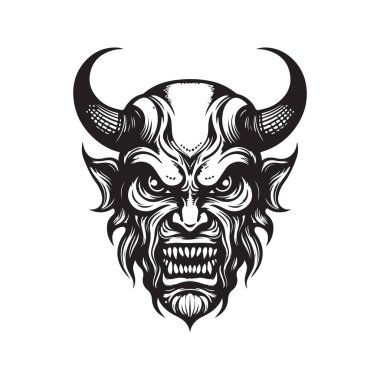 Şeytan yüzü, klasik logo çizgisi sanat konsepti siyah-beyaz renk, el çizimi illüstrasyon