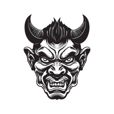 Hannya Japonca, klasik logo çizgisi sanat konsepti siyah beyaz, el çizimi illüstrasyon