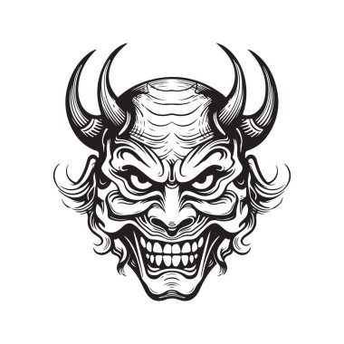 Hannya Japon tiyatro maskesi, klasik logo çizgisi sanat konsepti siyah-beyaz renk, el yapımı illüstrasyon