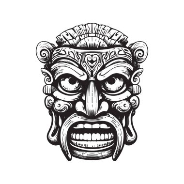Hawaii tiki ahşap kafası, klasik logo çizgisi sanat konsepti siyah beyaz renk, el çizimi illüstrasyon