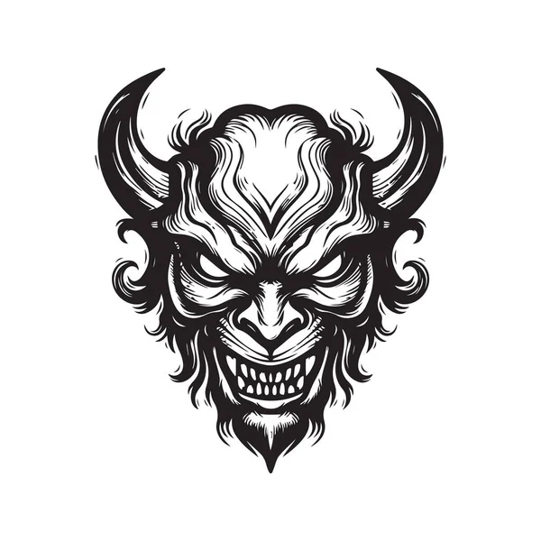 Demon Ansikte Vintage Logo Linje Konst Koncept Svart Och Vit — Stock vektor