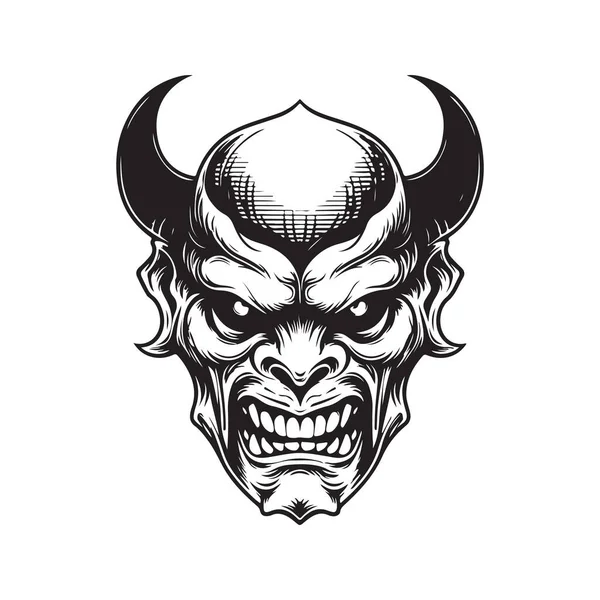 Demon Gezicht Vintage Logo Lijn Kunst Concept Zwart Wit Kleur — Stockvector