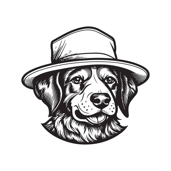 Pies Nosi Kapelusz Wiadro Vintage Logo Linii Sztuki Koncepcja Czarno — Wektor stockowy
